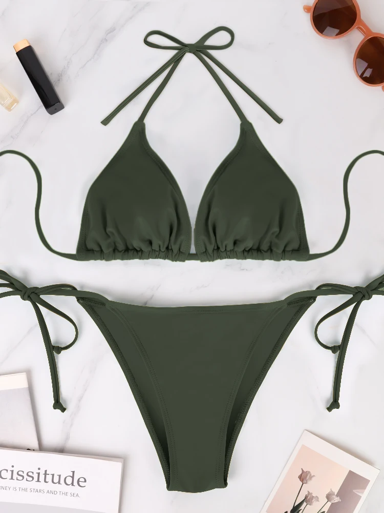 2 Pcs Women's Sexy Solid Color Bikini Set Strapless Bareback Strap Thong Swimsuit Summer Simple Lady's Bandage Side Detail