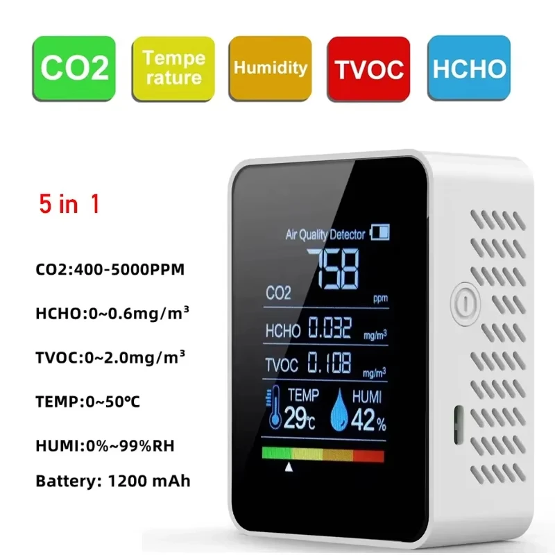 5in1 CO2 Multifunctional Meter Digital Temperature Humidity Tester Carbon Dioxide TVOC HCHO Detector Air Quality Monitor 2024