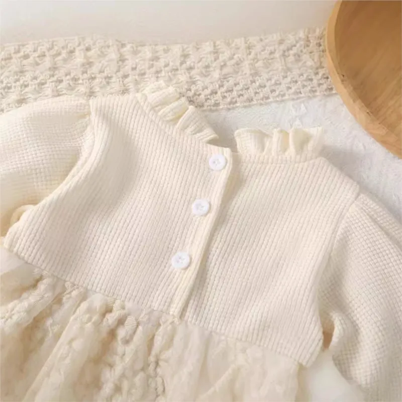 Newborn Baby Girl Cotton Lace Embroidery Princess Dress Romper Infant Solid Bow Ruffle Jumpsuit Autumn Birthday Clothes 3-18M