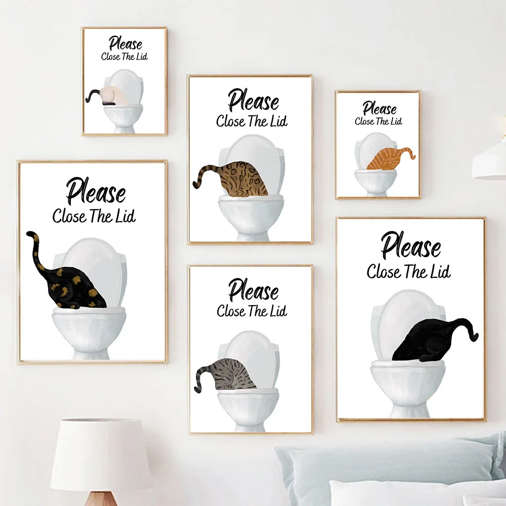 

Funny Cat Drinking Water from Toilet Poster Fat Tabby Cat Licking Water Canvas Painting Wall Art Picture for Bathroom Home Decor