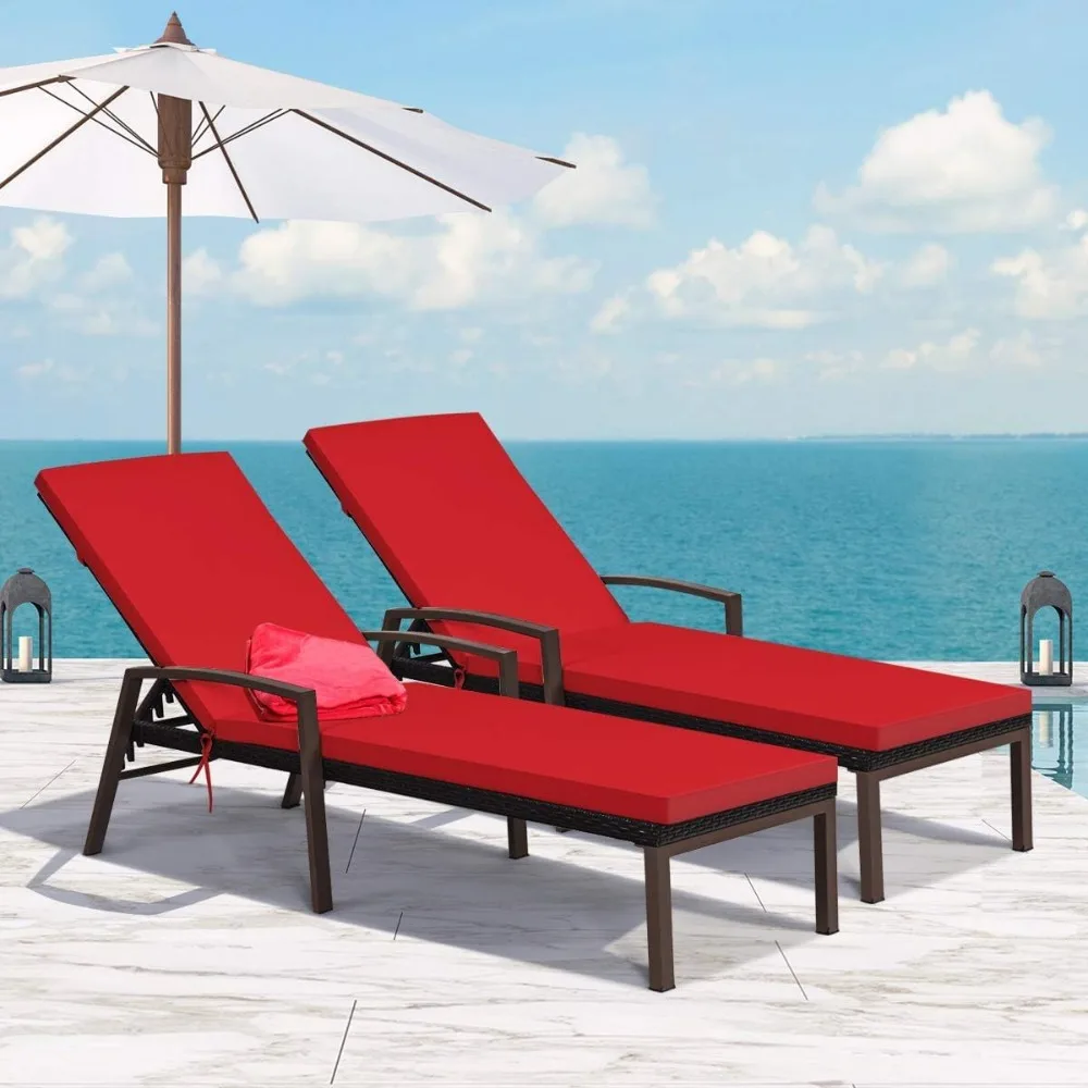 Set of 2 Patio Loungers, Outdoor Wicker Rattan Loungers, Adjustable Back and Armrests, Padded Rattan Sun Loungers