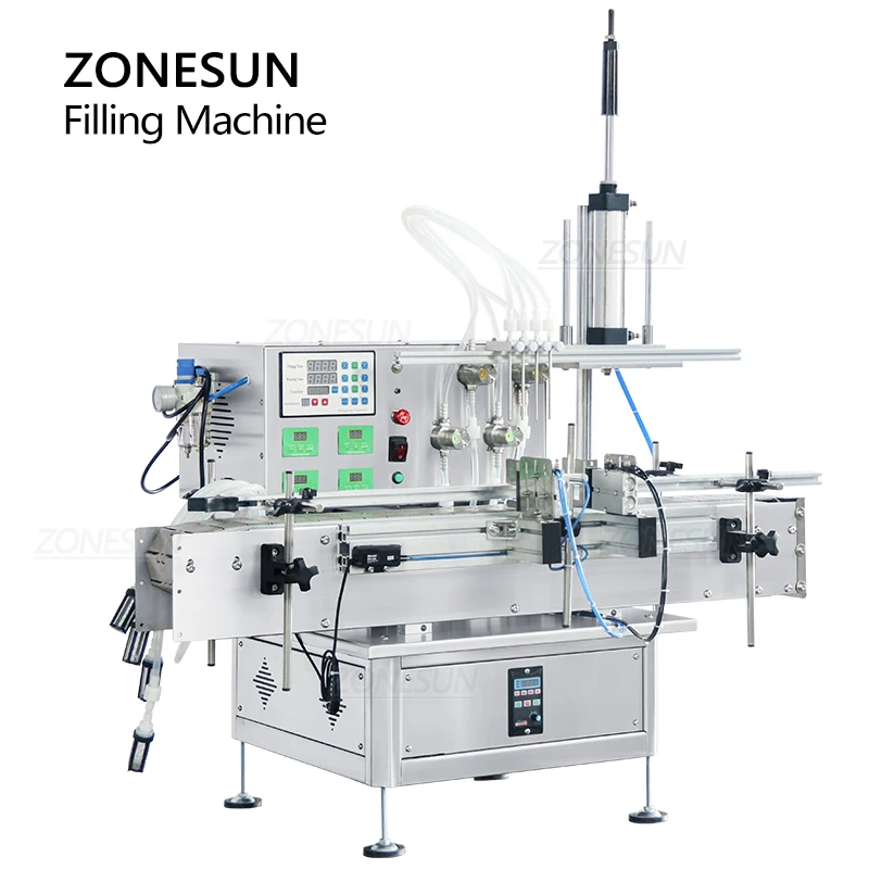 ZONESUN Benchtop Tự Động 4 Injectable Đầu Tạo Bọt Xà Phòng Lỏng Tinh Dầu Uống Nước Ép Chai Máy Làm Đầy