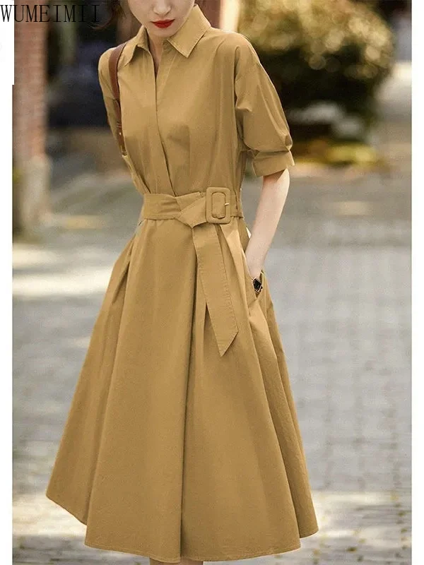

Tooling trench coat lapel collar lace-up waist shirt dress women's clothing summer 2025 new temperament A-shaped skirt