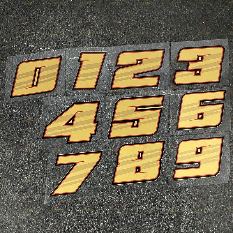 

1 шт., золотые наклейки Nmnber 0-9, водонепроницаемые наклейки для мотоцикла, обтекатель, шлем, окно автомобиля, скутеры, универсальные виниловые наклейки