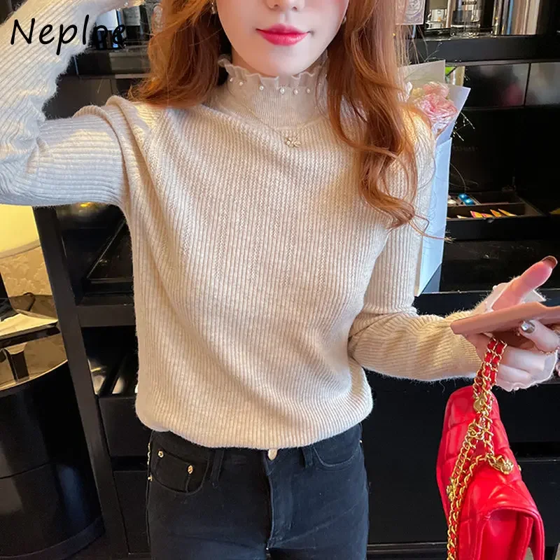 Neploe Y2k Autumn Vintage Turtleneck Jersey Mujer Jumpers Mesh Patchwork Solid Color Pull Femme Beading Long Sleeve Sweaters