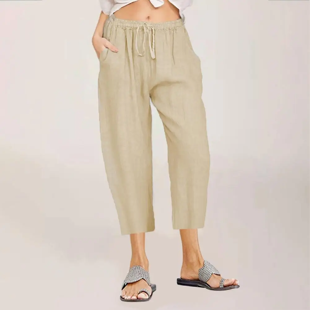 

Solid Color Elastic Waist Trousers Stylish Women's Summer Cropped Pants with Elastic High Waist Wide Leg Drawstring for Casual