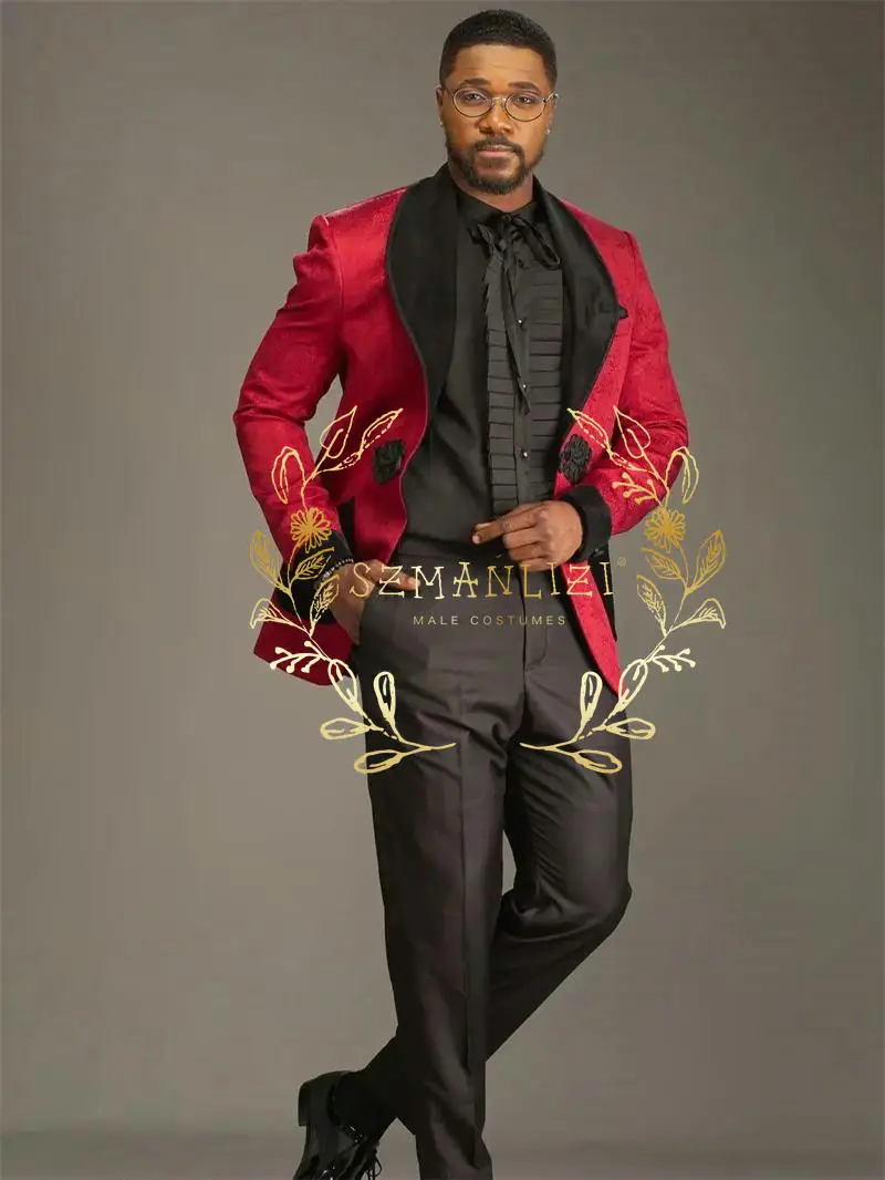 

Men's 2 Piece Slim Fit Burgundy Floral Tuxedos Suit Paisley Shawl Lapel One Button Single Breasted Suit Jacket Pants Set