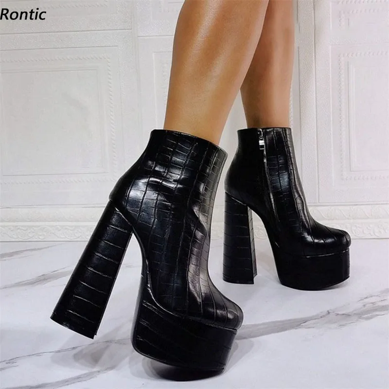 

Rontic Handmade Women Winter Ankle Boots Waterproof Stone Pattern Chunky Heel Round Toe Beautiful Black Party Shoes US Size 5-15