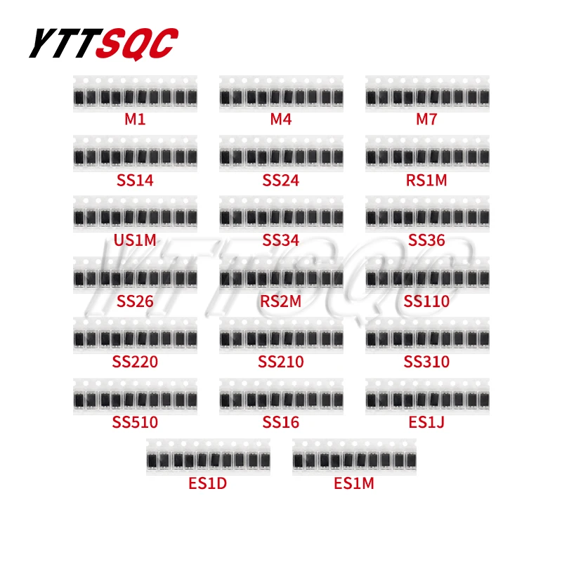 200pcs/lot SMD Diode Assorted Kit M1 M4 M7 SS14 SS24 SS34 SS210 SS510 RS1M US1M ES1M 20ValuesX10pcs Electronics SMA Diodes Set