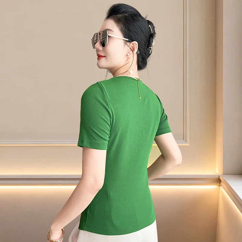 2026 New Fashion Beaded Hollowed Out Top For Women Short Sleeved V-neck Solid Color T-shirt Design Folded Irregular Tees Blouse