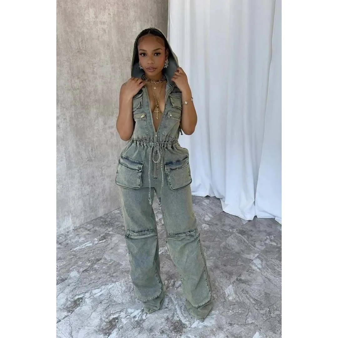 Denim Jean Jumpsuit for Women Summer Clothes Hoodie Tops Pocket Cargo Pant Y2K Streetwear One Piece Denim Cargo Pants Rompers