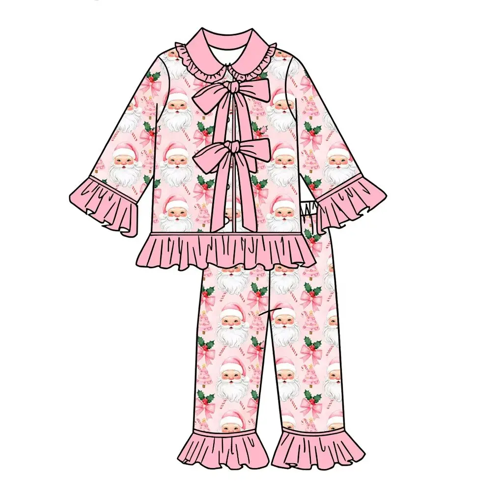 Toddler Girls Pink Christmas Pajama Set Candy Cane Santa Clothes Long Sleeve Ruffle Pants Kids Xmas Outfit