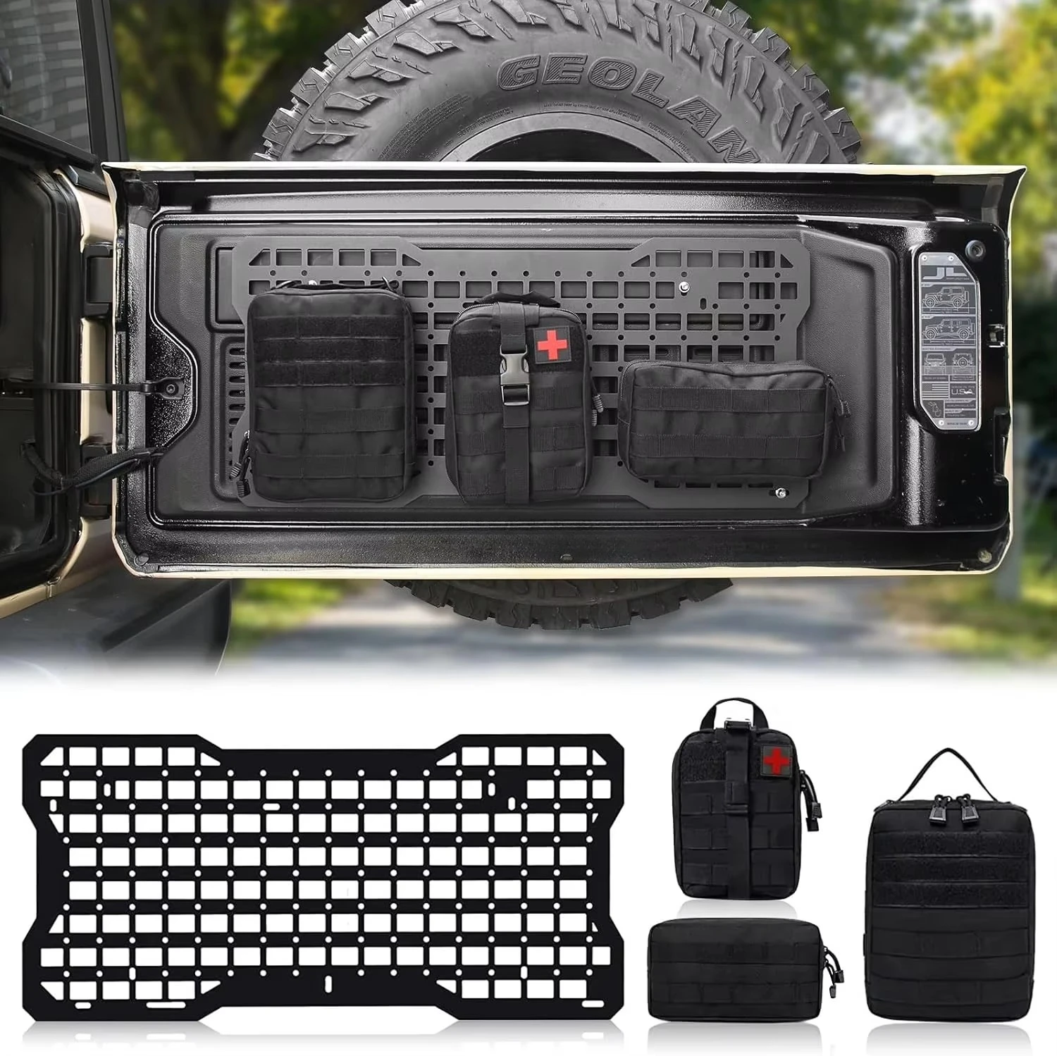 Tailgate Tactical Panel With 3 Bags for   Wrangler JK JL Accessories Rear Door Cargo Organizer Kit Molle Panel