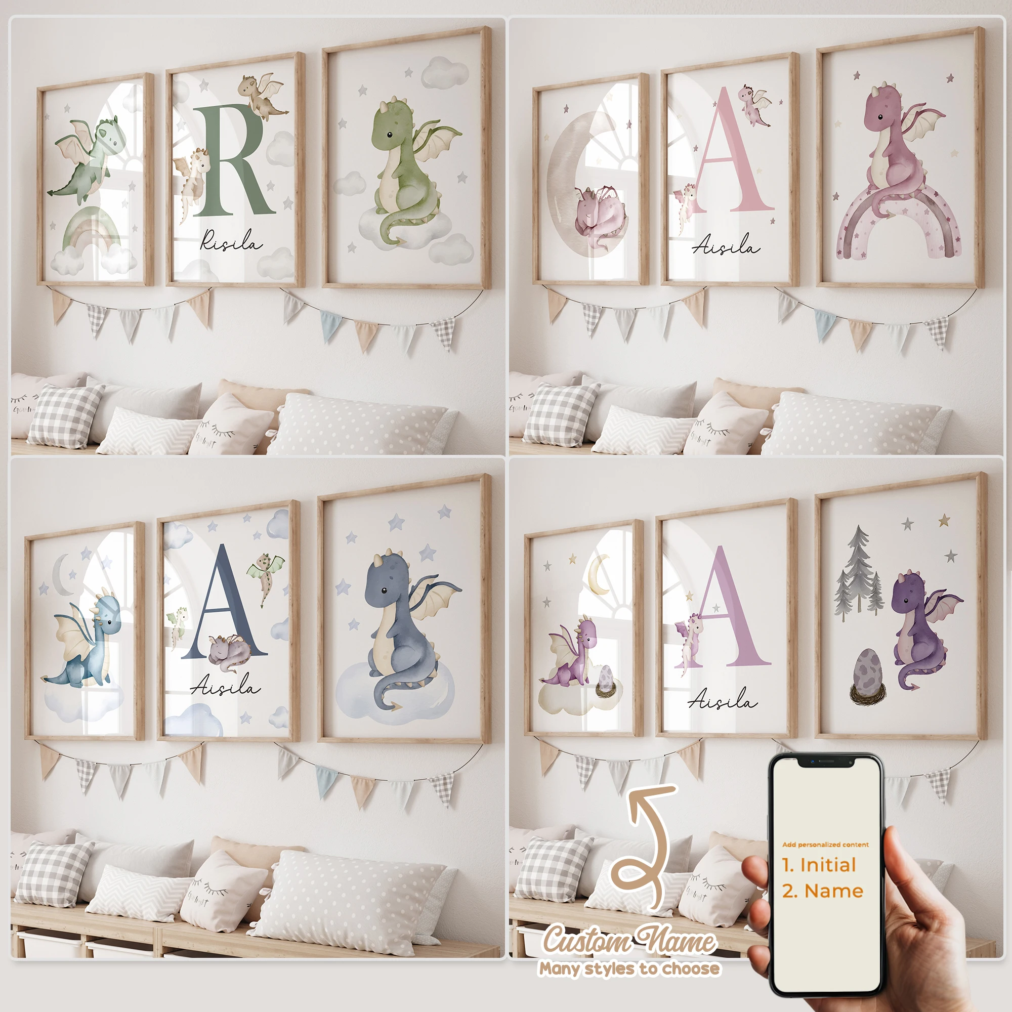 3pcs Personalized Custom Name Cartoon Animal Dinosaur Wall Art Print Picture Canvas Poster Painting Living Room Home Decor