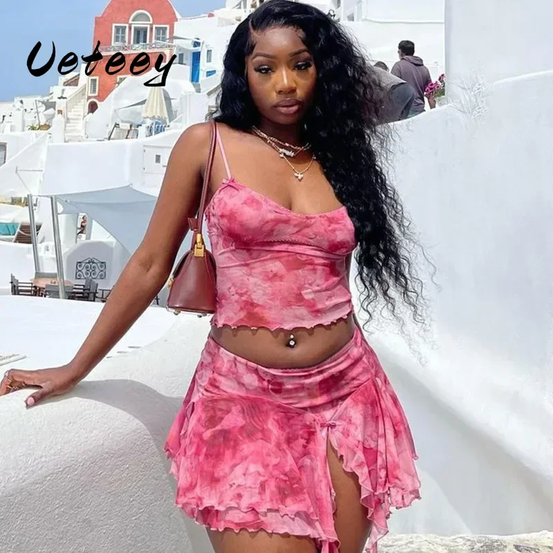 Ueteey Mesh Two Piece Skirt Sets Sexy Outfits Women Printed Camisole Vest + Ruffles Split Mini Skirts Suit Beach Vocation 2024