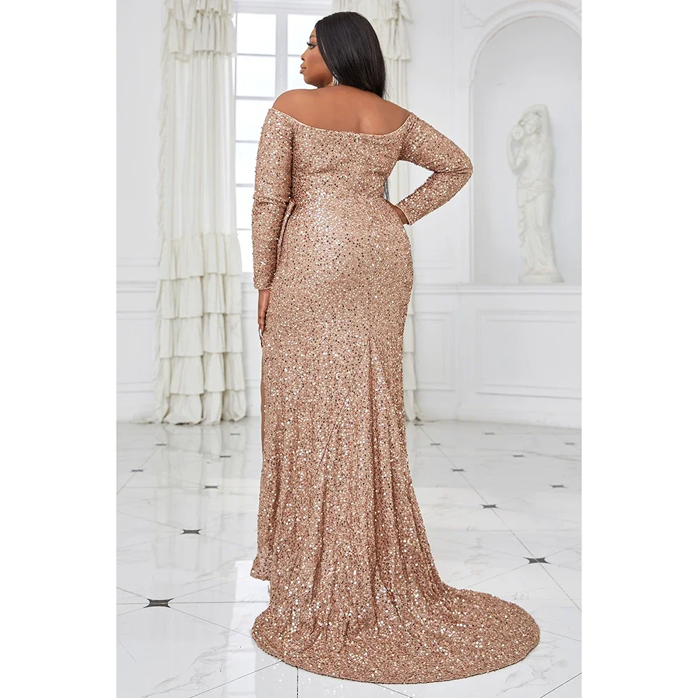 Plus Size Apricot Prom Sequin Off The Shoulder Party Dress Long Sleeve Bow High Split Maxi Dresses