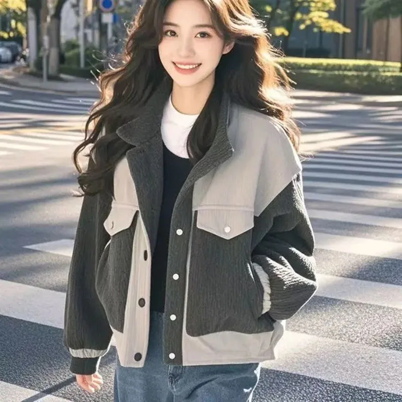 2025 Spring New Simple Fashion Patchwork Color Contrasting Coat Polyester Fiber Premium Double layer Corduroy Coat Autumn Gray