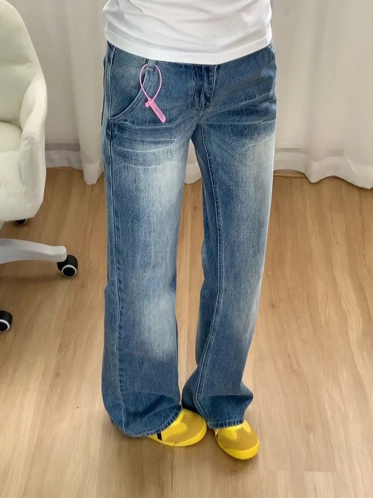 

Джинсы-клеш с высокой талией в американском винтажном стиле, удлиненные, женские, облегающие, длинные, синие, из денима, для создания эффекта стройности, для модниц
