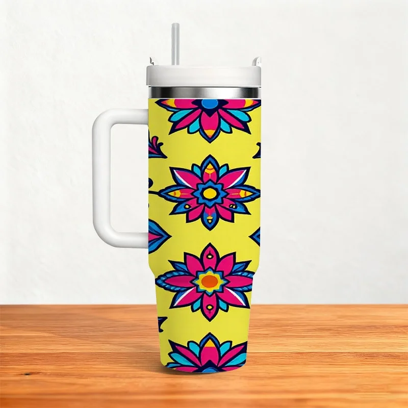 Vibrant Floral Digital Print 40Oz Stainless Steel Insulated Tumbler, Bright Festive Pattern with Bold Colorful Blooms And Leaves, Reusable Drink Cup for Daily Home, Office And Outdoor On-The-Go Use