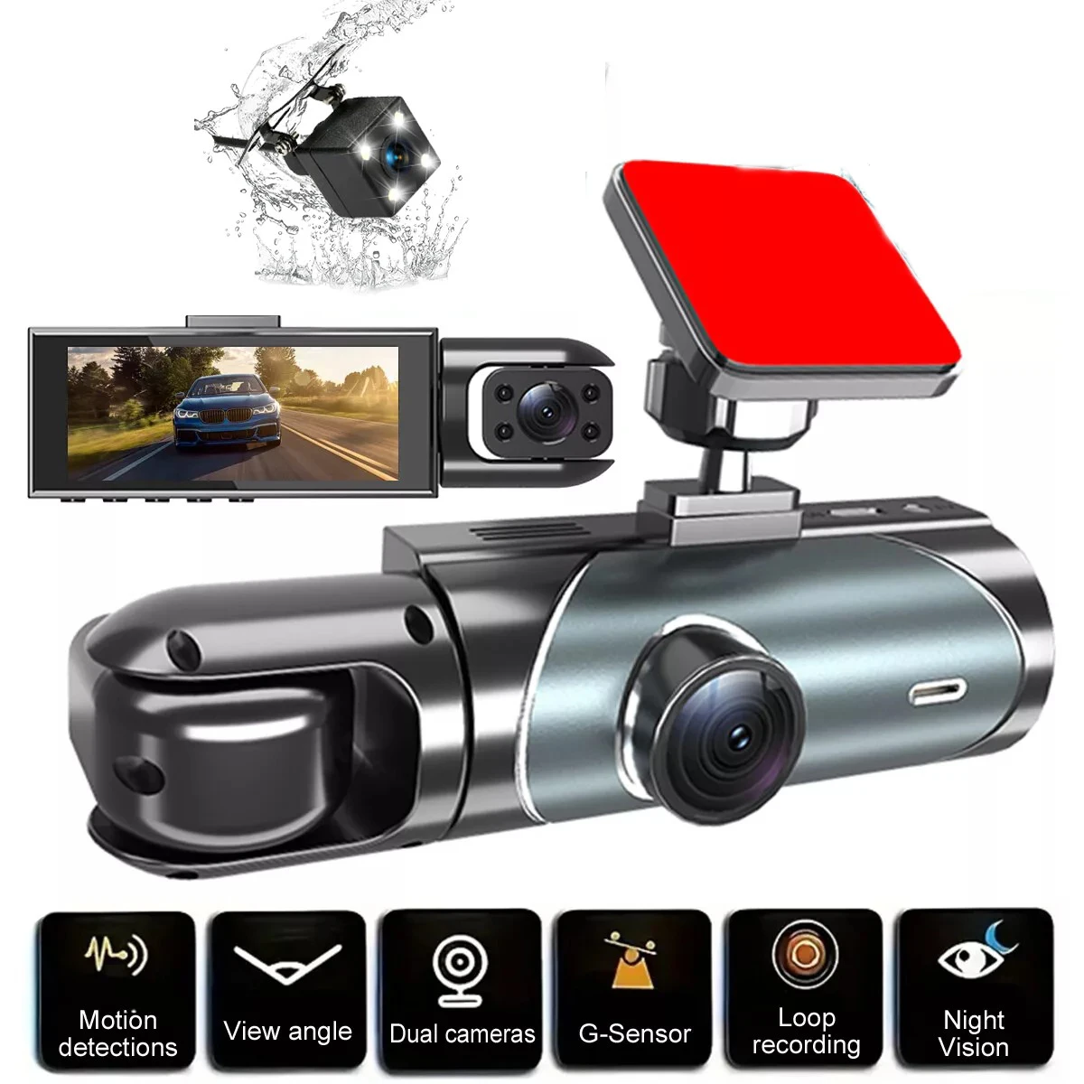 

3 Channel Dash Cam Front and Rear Inside for Cars, Car Video Recorder Camera, IR Night Vision, Wide Angle, Loop Recording