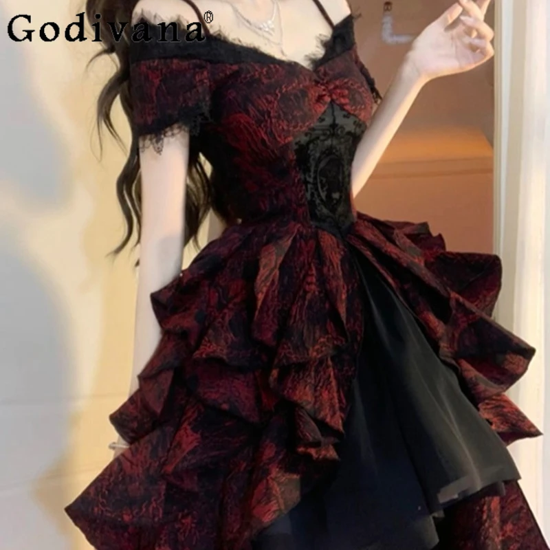 

Black and Red Halloween Costume Women French Lolita Jacquard Heavy Craft Dress Lady Grown Up Ceremony Puffy Princess Dress