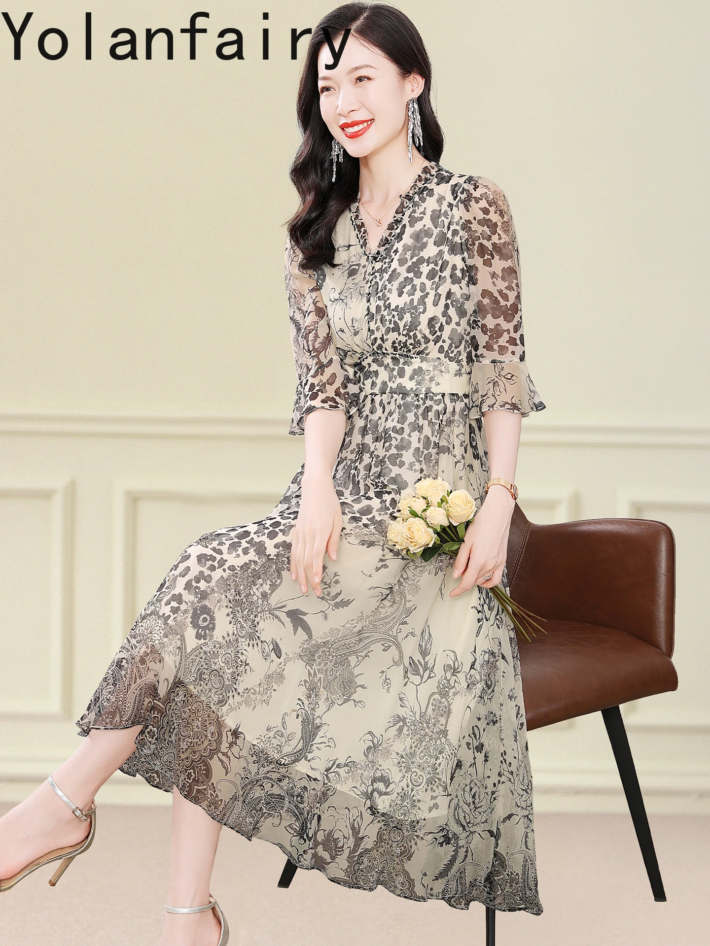 YOLANFAIRY جودة عالية 100% التوت فستان حريري صيف 2025 امرأة الراقية خمر ليوبارد طباعة فساتين الخامس الرقبة فستان التخسيس