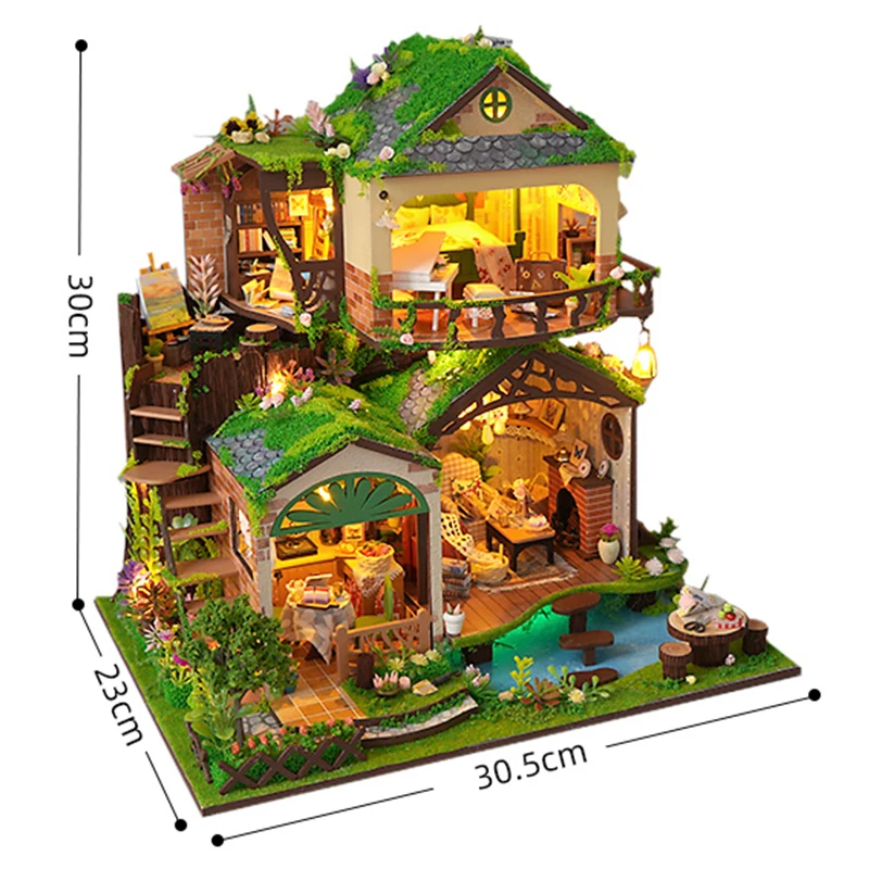 Kit modello in miniatura in legno fai-da-te Foresta Fiaba Villa Puzzle 3D Case delle bambole con luci per mobili per regali di compleanno di amici