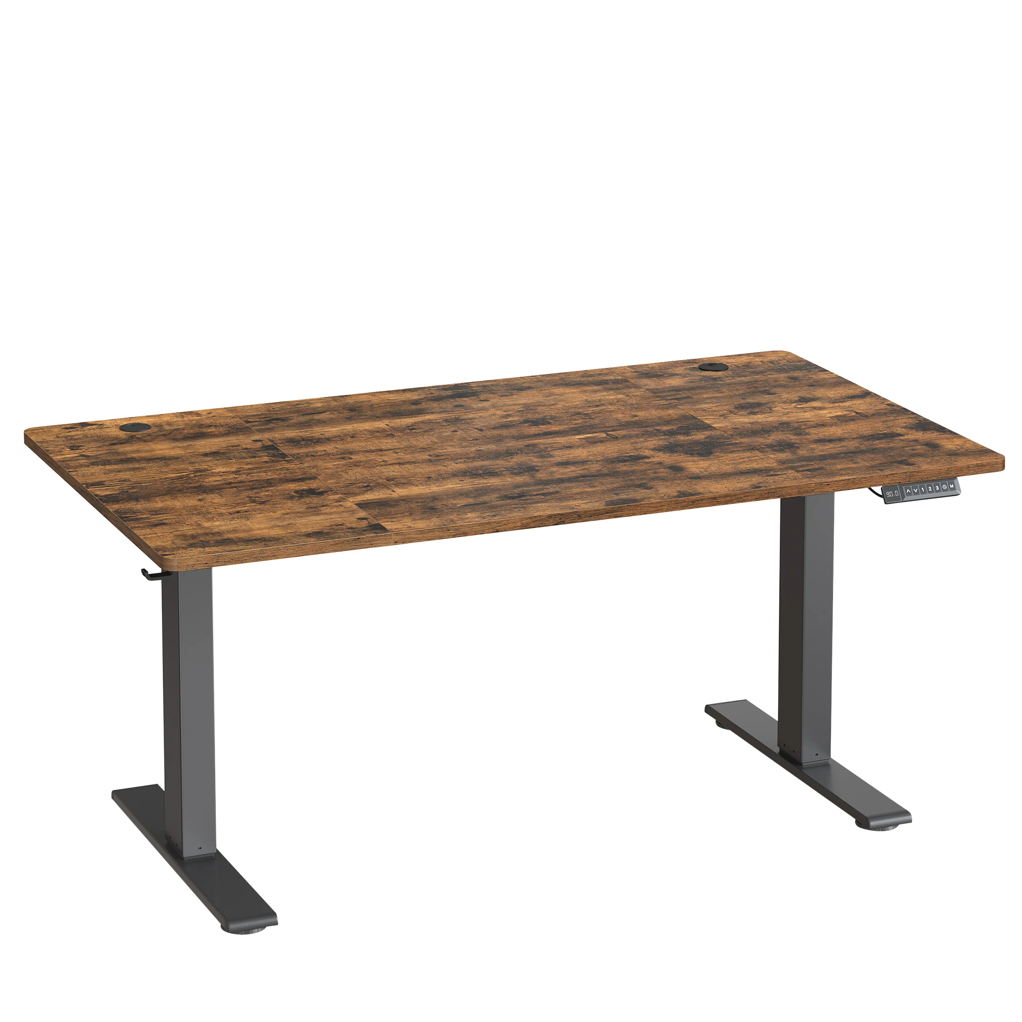 VASAGLE Scrivania Regolabile in Altezza, 140 x 80 cm, Porta USB-C, Mensola per Ciabatta Elettrica, Promemoria per Sedentarietà, 3 Tasti di Memoria, per Ufficio, Marrone Vintage/Bianco Opaco/Rovere
