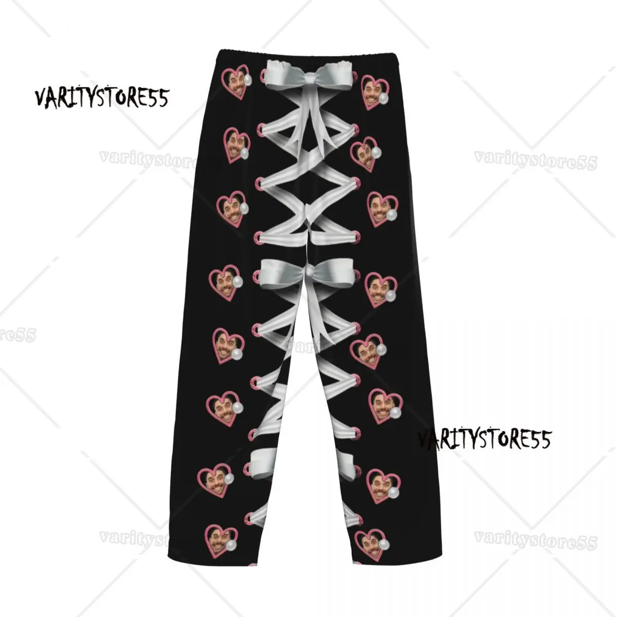 맞춤형 흰색 리본 러브 페이스 사진 파자마 바지 남성용 신축성 있는 허리밴드 수면복 포켓 포함