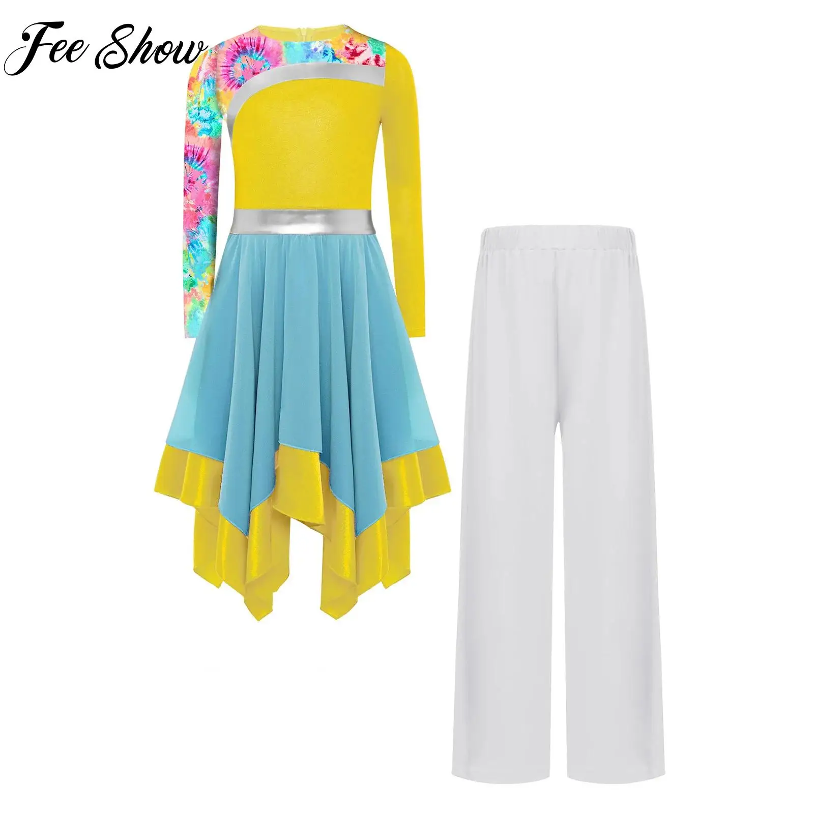 

Girls 2 Pieces Church Choir Performance Set Long Sleeve Dress And Wide-Leg Pants for Worship Lyrical Praise Dancing Competition