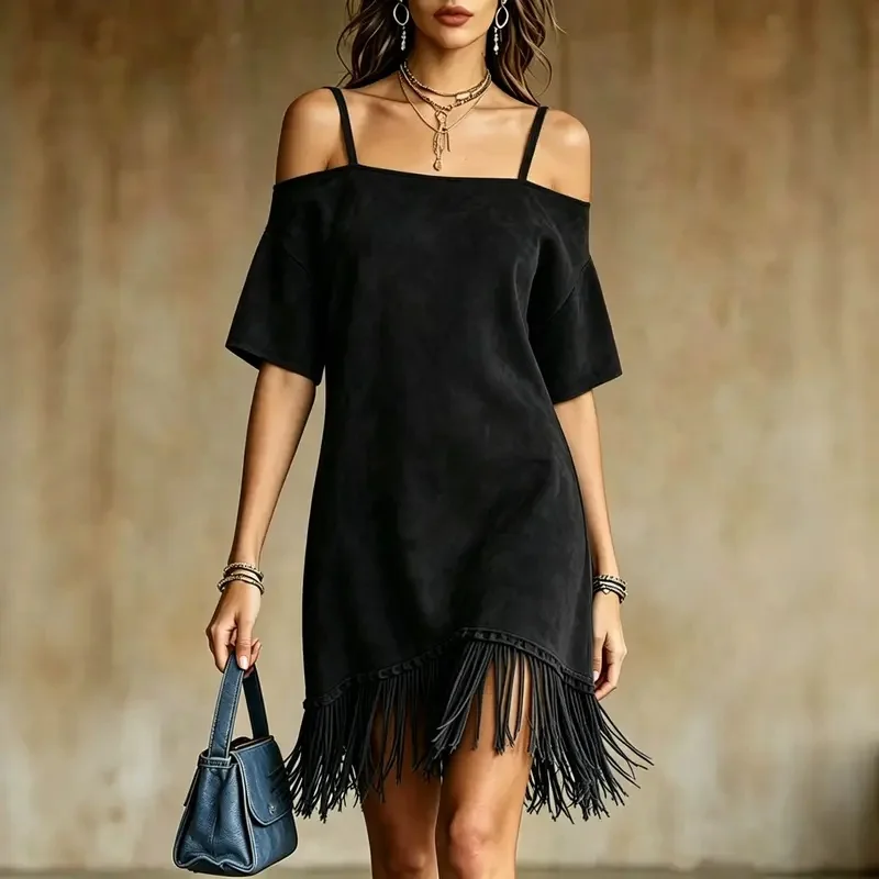 Suede Fringe Dress 2026 Women Summer Off Shoulder Spaghetti Strap Bodycon Mini Dress Short Sleeve Western Style Party Dress