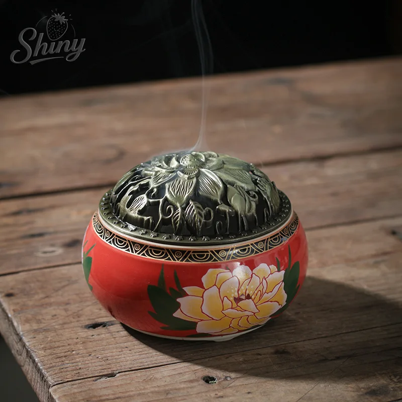 

Chinese Style Antique Ceramic Peony Pattern Incense Burner Incense Holder Indoor Study Decorations Desktop Ornaments