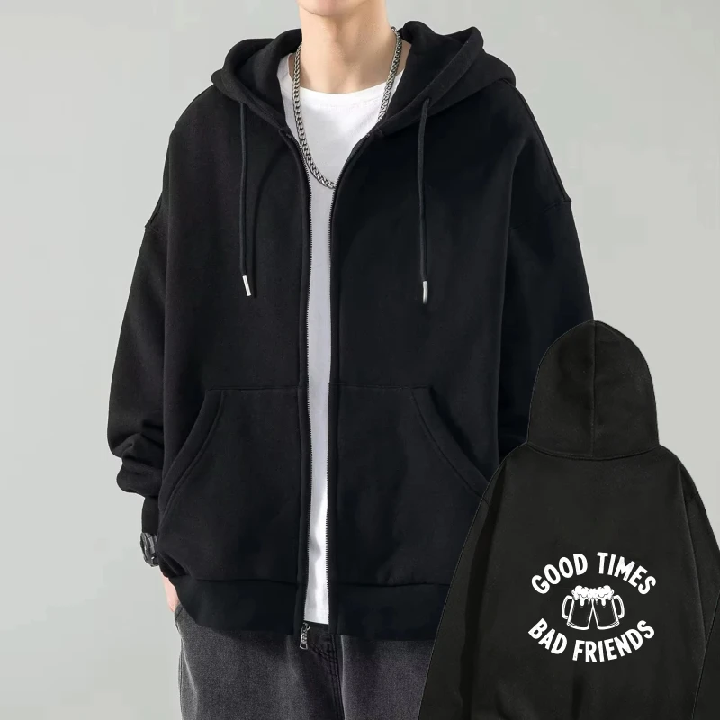 

Мужская куртка с капюшоном, черная, Good Times Bad Friends, толстовка на молнии с текстом и принтом, повседневная уличная одежда для повседневного ношения и активного отдыха