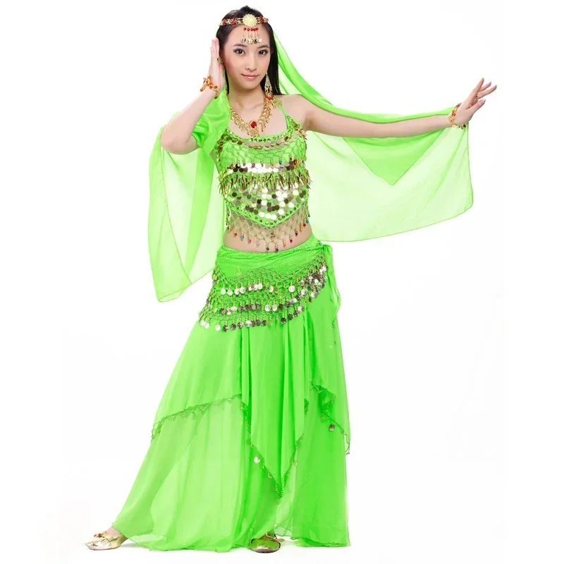 Indian Costume Set 4-pieces Belly Dance Veil Top Coins Hip Scarf Skirt Belly Dance Costume Women