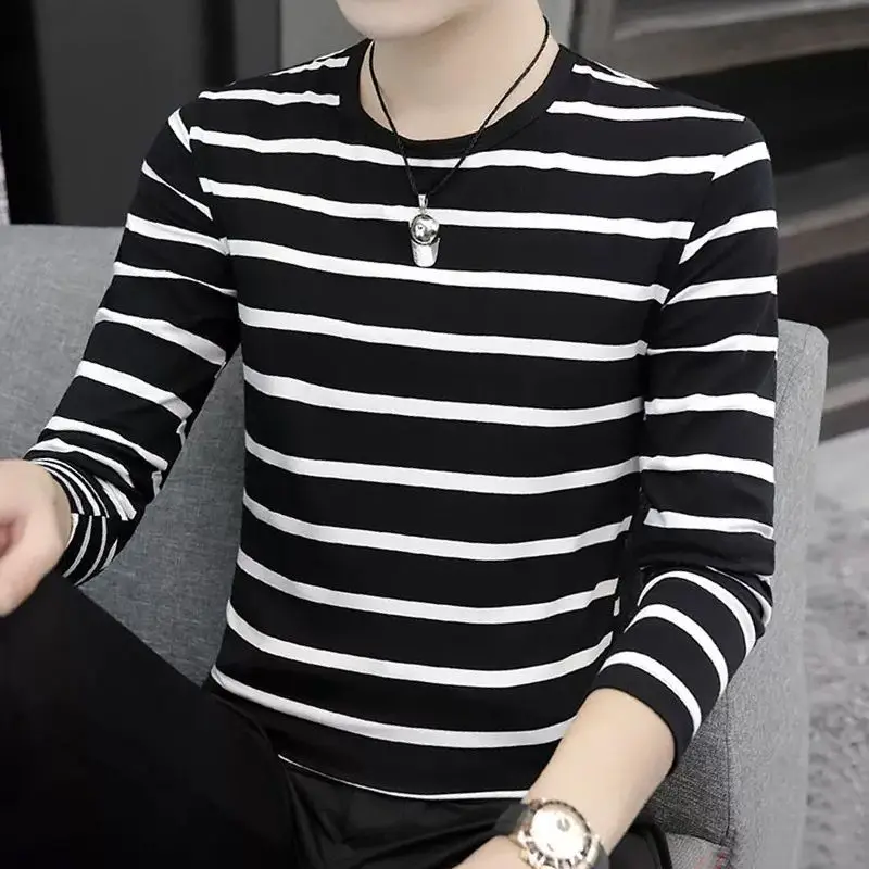 Fashion O-Neck All-match Striped T-Shirt Men\'s Clothing 2023 Autumn New Oversized Casual Pullovers Long Sleeve Korean Tee Shirt