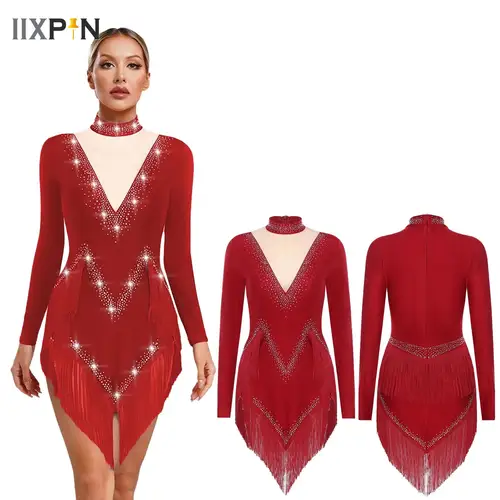 Vestido de baile latino con borlas para mujer, vestido tutú de Ballet con diamantes de imitación brillantes, leotardo, traje de competición de patinaje sobre hielo