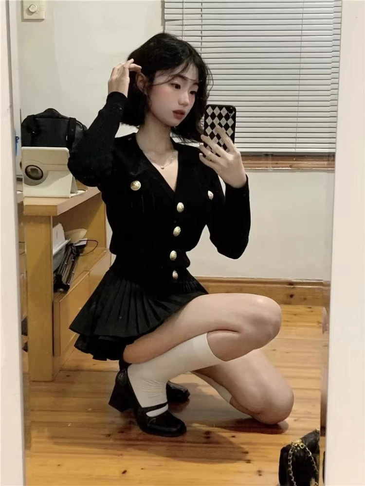Spring Autumn Women's V-neck Long Sleeve Knitted Sweater Dress Sets Pleated Slim Fit Cake Short Skirt Ballet Style Two-piece Set