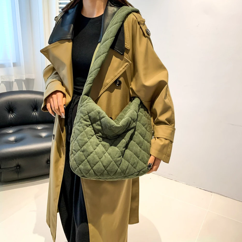 Women Underarm Bag Stylish Corduroy Quilted Shoulder Bag Trendy Bag Fashion Work Tote Retro Classic Purse Solid Color Handbag