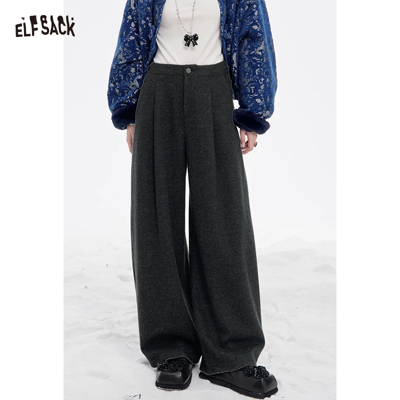 

ELFSACK 2025 Winter New Arrivals Minimalist Casual Solid Pleated Wide Leg Floor Length Pants For Women