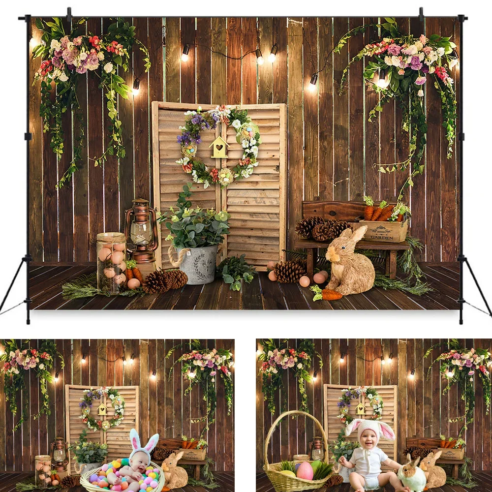 Mocsicka Easter Children Birthday Background Spring Photobooth Studio Bunny Wood Door Baby Portrait Backdrop Carrot Flower Prop