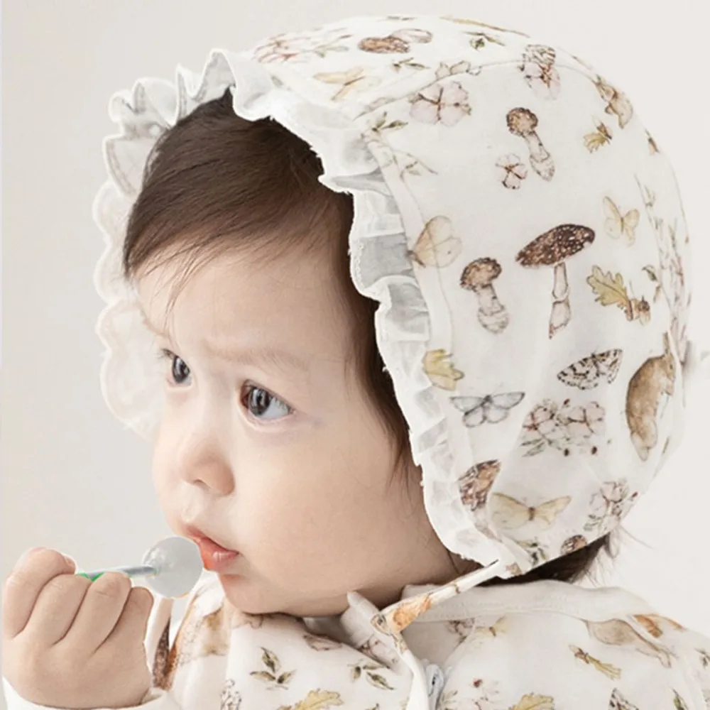 Cute 100% Cotton Ruffle Baby Hat Animal Print Princess Style Newborn Bonnet Cap Cartoon Warm Infant Lace Sun Hat Outdoor