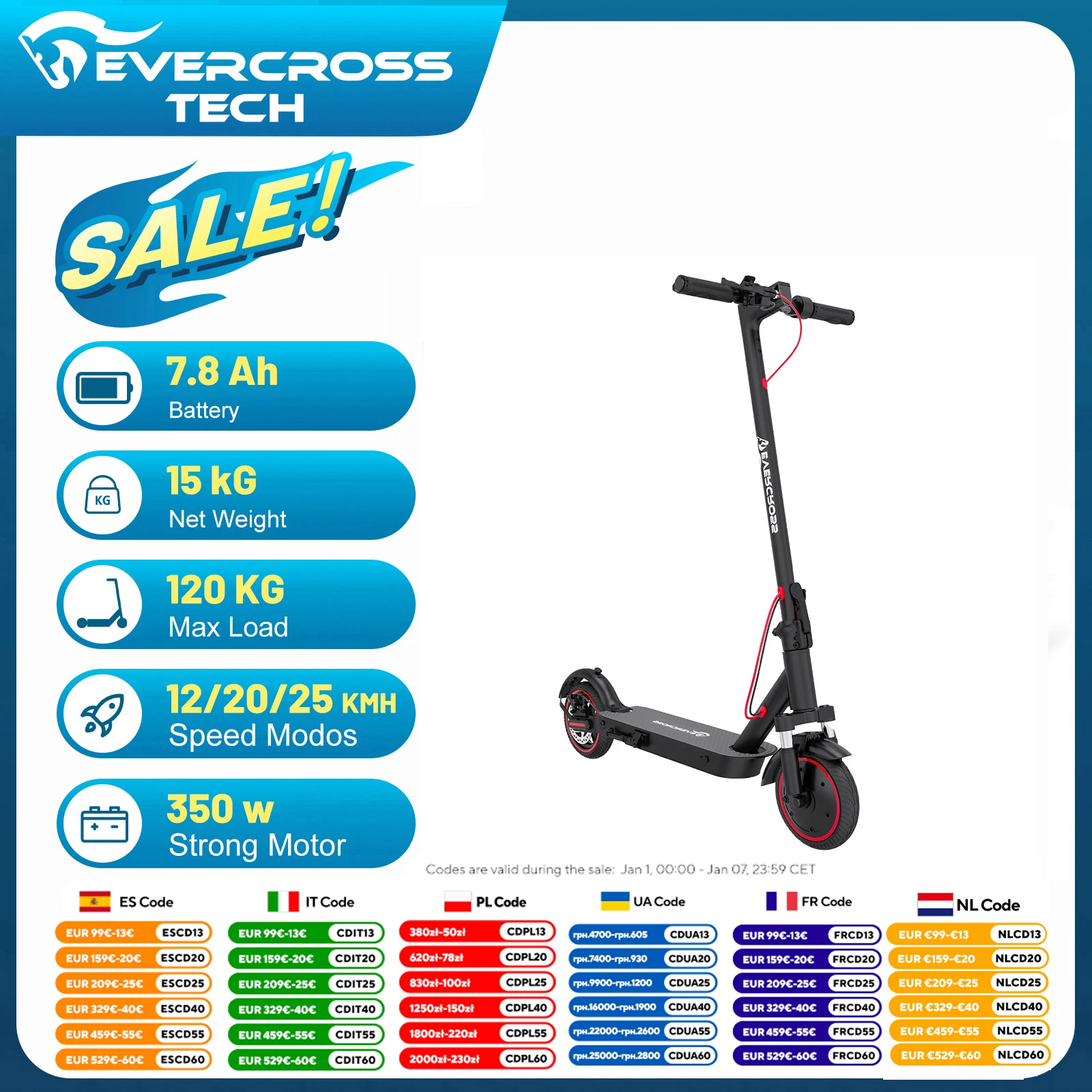EVERCROSS TECH EV85F Patinete Eléctrico para Adultos, Plegable 8,5", Motor 350W, Batería 7,8AH, Freno Doble, Amortiguadores Dobles, Carga Máxima 120KG, Con App de Control