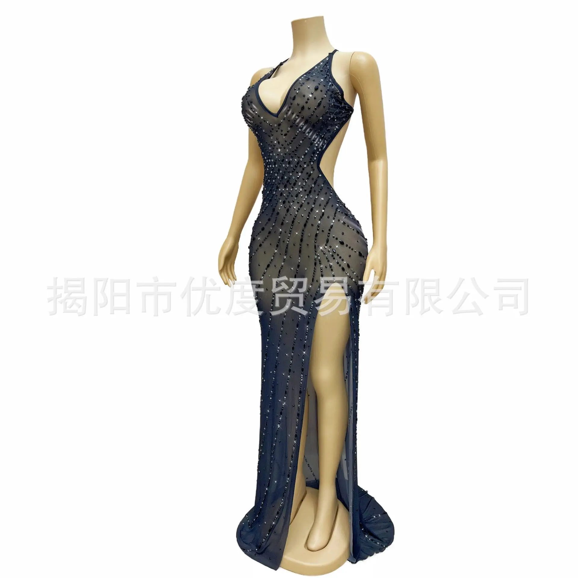Shiny Glam neck halter split rhinestone black dress party night show rake orange vestido de mujer vestido de festa Party Dresses