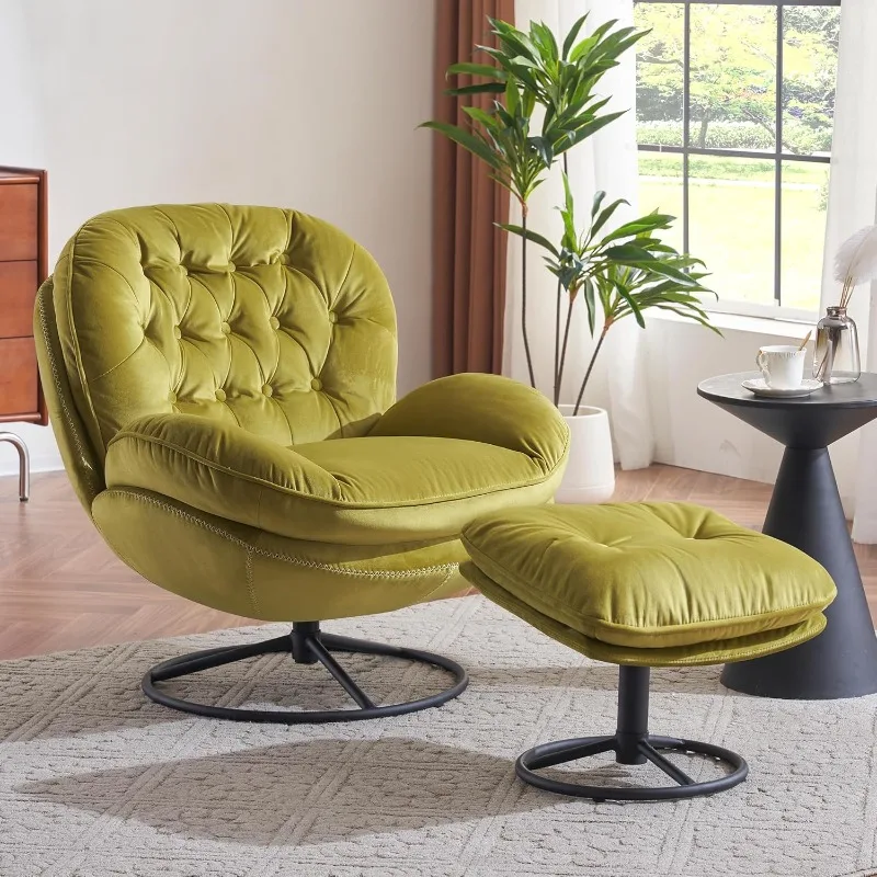 Velvet Swivel Accent Chair with Ottoman Set, Lounge Chair for Bedroom, Living Room, Fruit Green