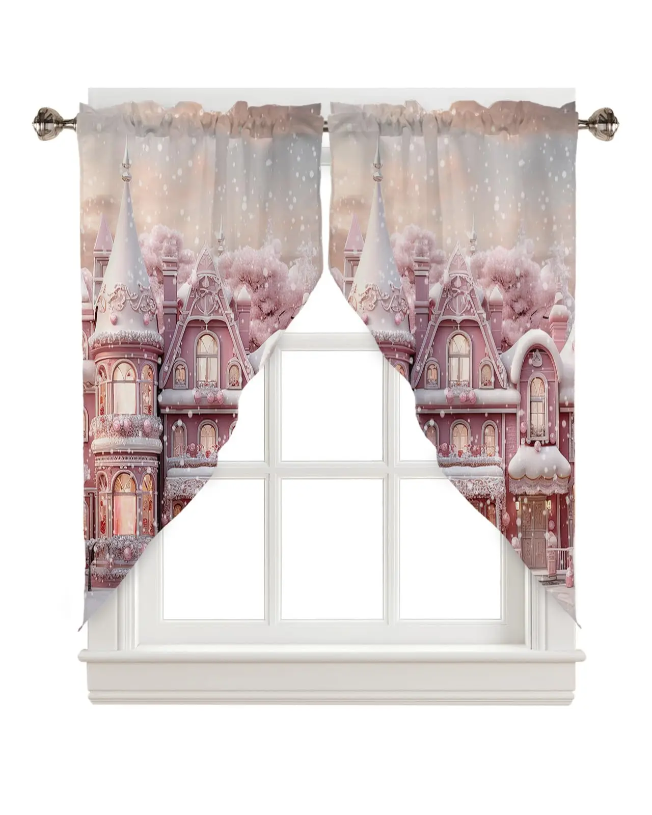 

Pink Christmas Swag Valances for Windows 2 Pack, Winter Snowflake Swag Curtains for Living Room/Bathroom with Rod Pocket