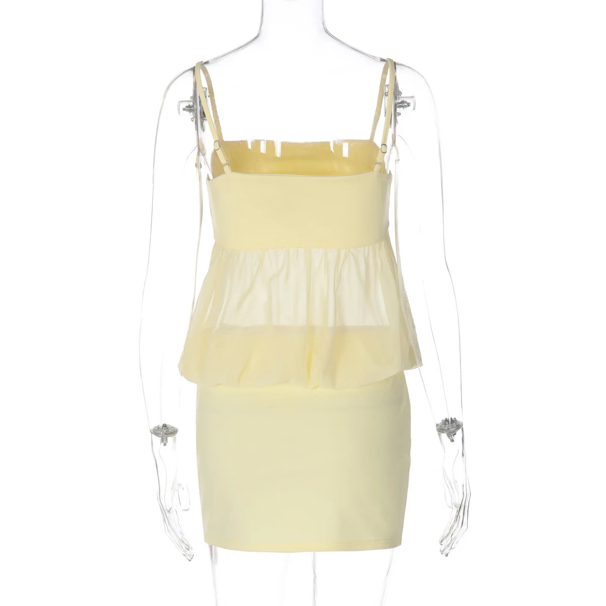 DSMTRC Valentine's Day Women Yellow Mesh Patchwork Sheath Mini Dress Summer Party Spaghetti Strap Solid Sexy Hollow Out Dresses