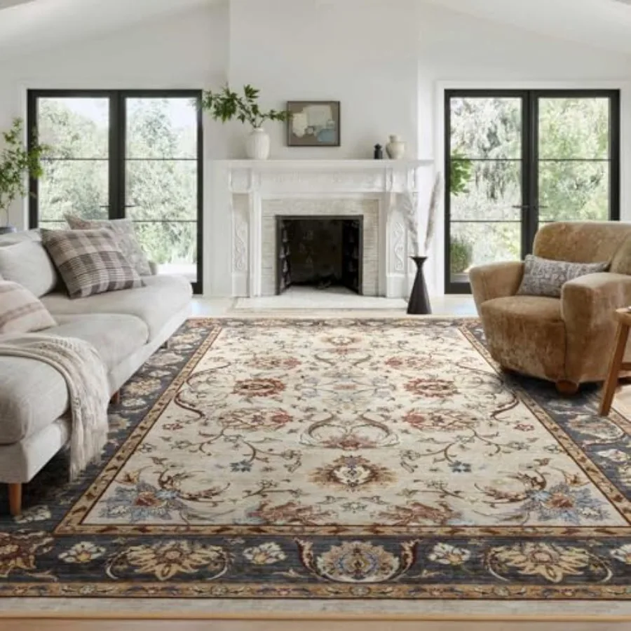 

8x10 Ft Extra Large Washable Area Rugs for Living Room Thin Floral Vintage Print Rug Non Slip Carpet for Bedroom Dining Room Ro