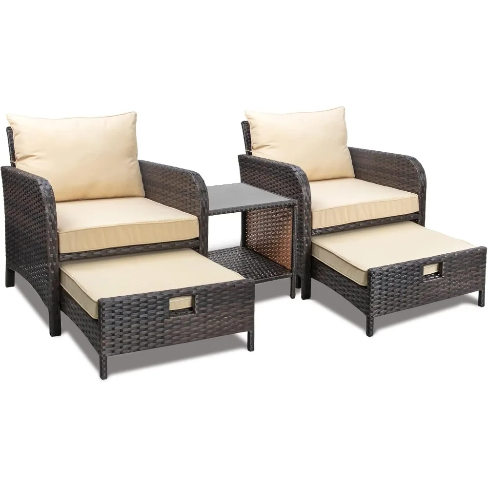 Balcony furniture 5 pieces terrace conversation set, PE wicker rattan outdoor lounge chair, padded 2 foot pads and glass table