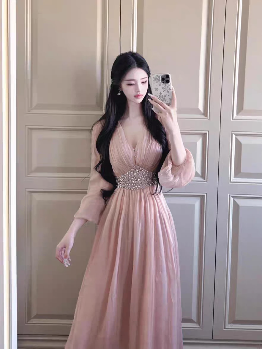 

Elegant Pink Long Dress Women's Slimming Waist Design High Waist A-Line Skirt Style Commute Summer Season Zipper Closure