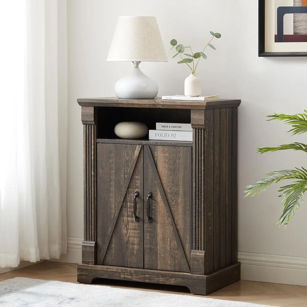 

Farmhouse Storage Cabinet – Dark Rustic Oak Freestanding Buffet Sideboard with Barn Doors, Adjustable Shelf, Small Coffee Bar